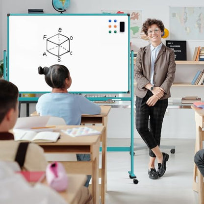 Mobile Whiteboard on Wheels, 48x32 Inches Rolling Whiteboard, Magnetic Dry Erase Board with Stand, Standing White Board for Office, School, Home, Large Double Sided White Board with Paper Pad - color: Blue, size: 48"x32"