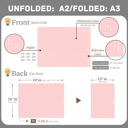 iMAT Flip Cutting Mat Note A2, Foldable, Double-Sided, Rose Pink | Inch grid front, cm dot back for precise measuring. Large 18" x 24" workspace, ideal for crafts, sewing, and DIY - color: Rose Pink