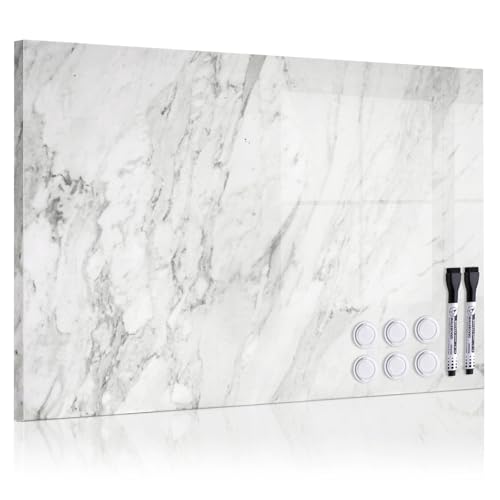 Magnetic Dry Erase Board, 24x18 Decorative Magnetic Board, White Marble | Display Board, for Home, Office, Kitchen, Travel Souvenir Magnets, Wall Mounted, Includes 2 Markers, 6 Magnets - color: White Marble, size: 24"W x 18"H