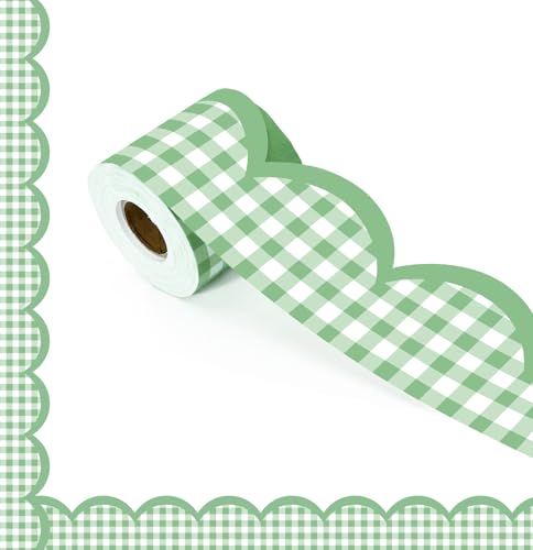 65Ft Sage Green Gingham Bulletin Board Border Checkered Scalloped Trim 1 Roll of Scalloped Sage and White Plaid Classroom Borders for Bulletin Board Chalkboard Party Classroom Decor - color: Sage Green Gingham Bulletin Board Border