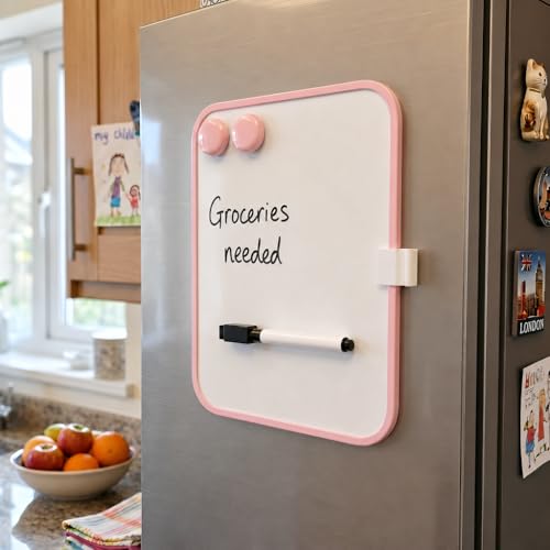 6“ x 8” Mini Whiteboard with Erasable Markers and 2 Round Magnets (Pink) | ABS frame, magnetic board—smooth surface;easy to write on and erase—small white board for fridge, school lockers, and offices - color: Pink