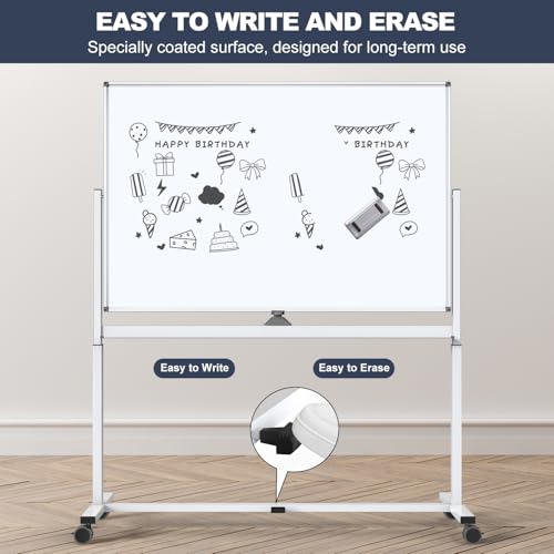 White Board on Wheels, 48 x 32 Inches Height-Adjustable Large Rolling Whiteboard, Mobile Magnetic Dry Erase Board with Stand, Double-Sided Standing Whiteboard for Office, Home, Classroom, School - color: White - Upgraded, size: 48"x32"