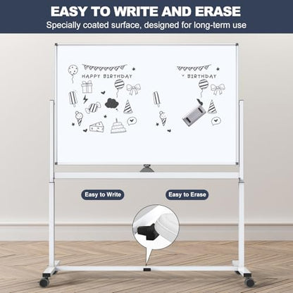 White Board on Wheels, 48 x 32 Inches Height-Adjustable Large Rolling Whiteboard, Mobile Magnetic Dry Erase Board with Stand, Double-Sided Standing Whiteboard for Office, Home, Classroom, School - color: White - Upgraded, size: 48"x32"