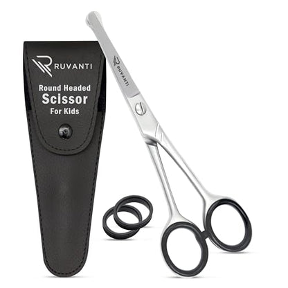 Ruvanti 5.2" Kids Hair Cutting Scissors - Safety Rounded Tip Barber Shears for Children, Infants & Facial Hair Trimming - Sharp Stainless Steel Blades, Ergonomic Grip - Ideal for Home & Salon Use
