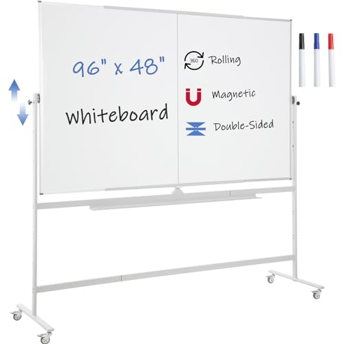 FORTUNO Large Magnetic Mobile Whiteboard 96"x48", Rolling Double Sided Stand Whiteboard on Wheels, Reversible Adjustable Height/Angle Dry Erase Board 8' x 4' Easel White Board for Office Classroom - color: White, size: 96"W x 48"H