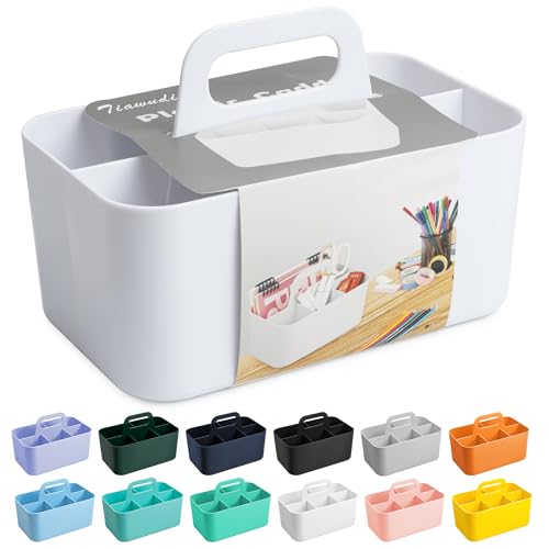 Tiawudi Multipurpose Caddy Organizer, Plastic Caddy with Handle, Stackable Desk Organizer for Stationery, Marker and Pencil, Office Supplies Organizer, Dorm Caddy - color: White