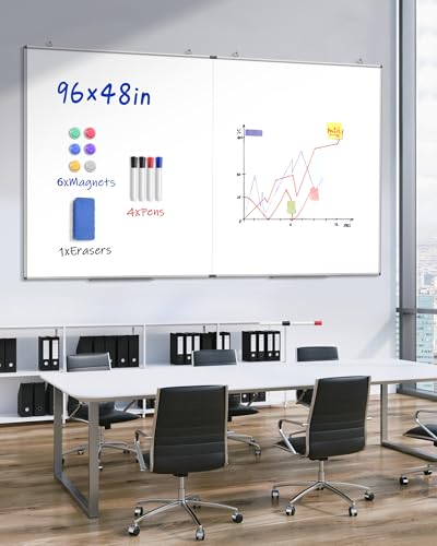 96"X 48" Large Magnetic Dry Erase Whiteboard, Removable Wall Hanging Board with 4 Pens & 1 Dry Erasers & 6 Magnets, Sliver Aluminum Frame White - color: White, size: 96"W x 48"H