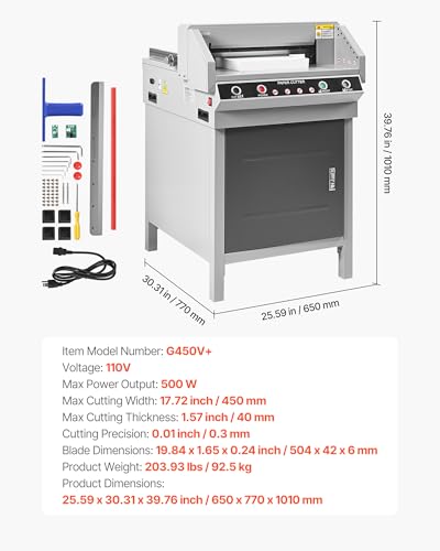 VEVOR Electric Paper Cutter, Heavy Duty Metal Paper Cutter Machine, 17.72 inch Cutting Width, 1.57 inch Cutting Thickness, Electric Guillotine Trimmer with Infrared Function and Spare Blade