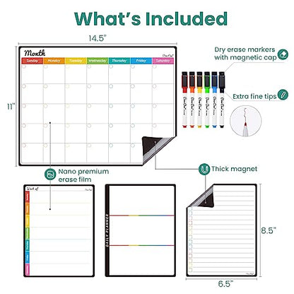 Magnetic Dry Erase Monthly Calendar Set - 14.5"x11" Monthly Calendar, 6.5"x8.5" Weekly, Daily, List Boards for Fridge - 6 Extra Fine Point Markers Included - Shipped Flat - style: Month+Week+Daily+List