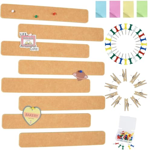 Vuzvuv 8 pcs Bulletin Board Bar Strips with 50 Pushpins & 10 Wooden Clip pins，Self Adhesive Cork Board for Wall，Felt Pin Board for School，Office Decor(Camel-Brown) - color: Camel-brown