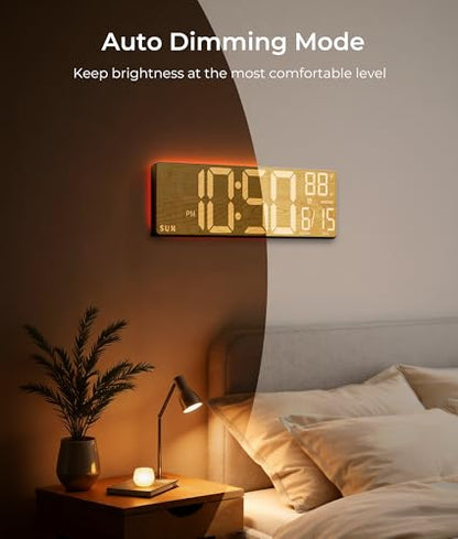 EASYERA 16.5" Large Digital Wall Clock with BT Sync, Wood Grain Clock with 11 RGB Light Scenes, Remote Control, Dual Alarms with Big LED Display, Auto DST, Temperature for Classroom Gaming - color: Beige