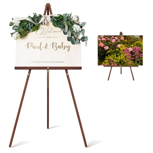 Wooden Easel Stand for Sign,63"" Portable Painting Easel, Adjustable Poster Stand with Tripod Easel for Painting, Wedding Sign, Drawing, Canvas, Display Show (Brown) - color: Brown