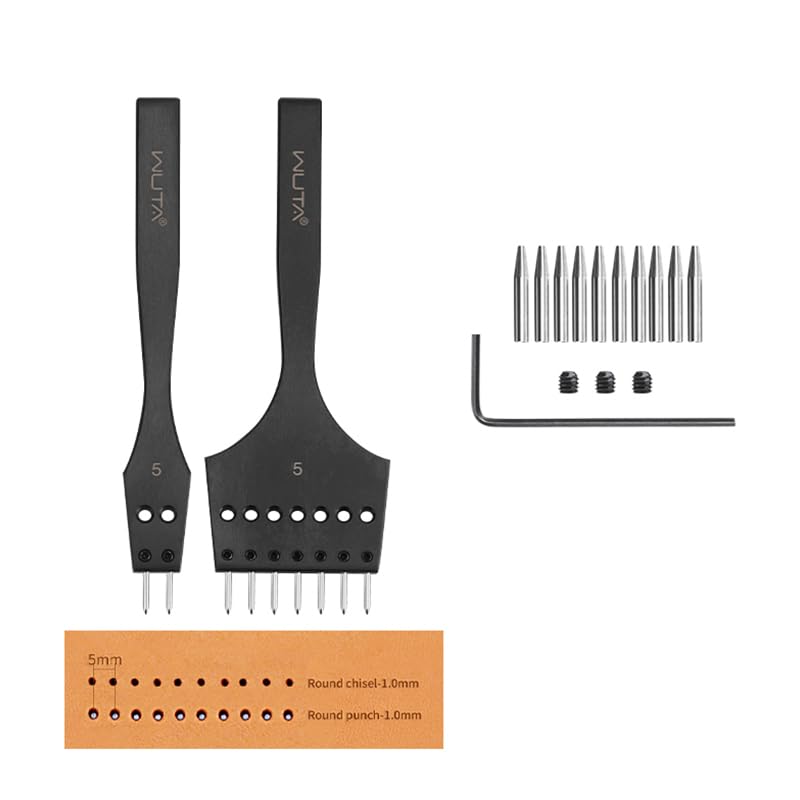 WUTA Leather Stitching Punch, 3nd Removable Round Hole Pricking Irons, Professional Working Hole Punch Tool Set for DIY Leather Craft（5mm- 2+7 Hole） - size: 3nd 5mm- 2+7 Hole