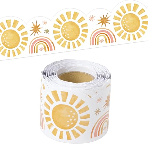 BeYumi Boho Sun Border Trim - 65ft Back to School Boho Sun Scalloped Rolled Border Trim Pastel Watercolor Bulletin Board Set Classroom Office Chalkboard Kindergarten Elementary Home Party Decoration - style: Boho Sun A