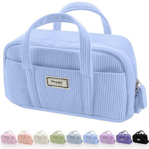 Sooez Large Pencil Case Pouch, Extra Big Pencil Bag with 5 Compartments, Pen Bag Wide Opening, Soft Corduroy Pencil Pouch Organizer with Zipper, Cute Aesthetic School Supplies for Girls-Light Blue - color: Light Blue
