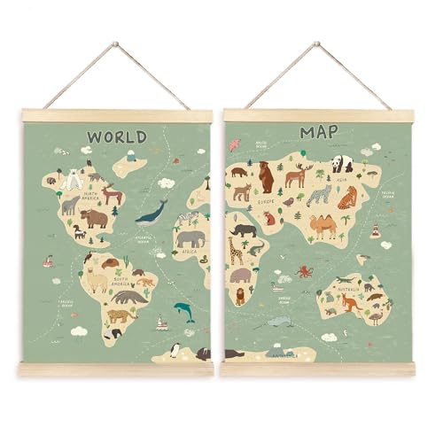 CGBHW World Map Poster Hanger Frame Set of 2, Cute Animal Educational Learning Tool Posters Wall Art Hanging Decor for Kids Room Nursery Classroom Home School Playroom Homeschool, 12x16 - color: Color08