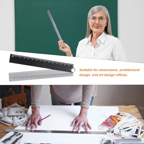 HARFINGTON Folding and Straight Ruler Kit 30/15cm Metric Aluminum Alloy Plastic Protractor Foldable Angle Ruler for Home Classroom Office, Black-Silver - color: Black-Silver