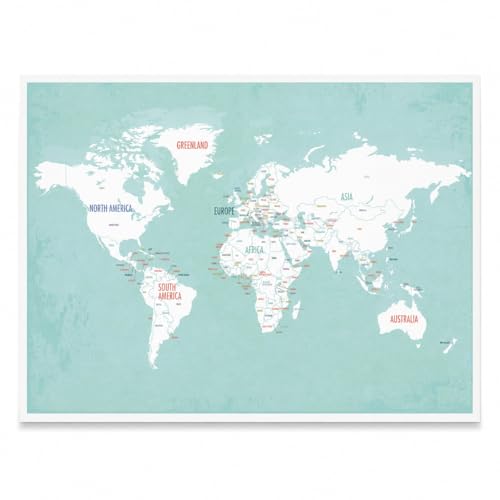 World Map Poster for Kids Classroom, Aqua World Map Wall Art 24x18, Educational Map Print for Wall Decor - color: Aqua
