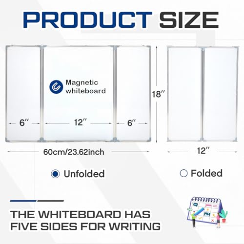 AmazingSpark 24” x 18” Foldable Whiteboard Dry Erase Board Large Tri Folding Whiteboard Magnetic Dry Erase Board, Wall Aluminium Frame and Pen Tray for Office, Home - size: 24”W x 18”H