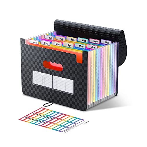 ThinkTex Accordion File Organizer, 12 - Pocket Expanding File Folders for Paper Receipts, Bills & Taxes Organizer, Portable Letter/A4 Size Document Holder for School, Office, Home with Colorful tabs - color: Black Matt