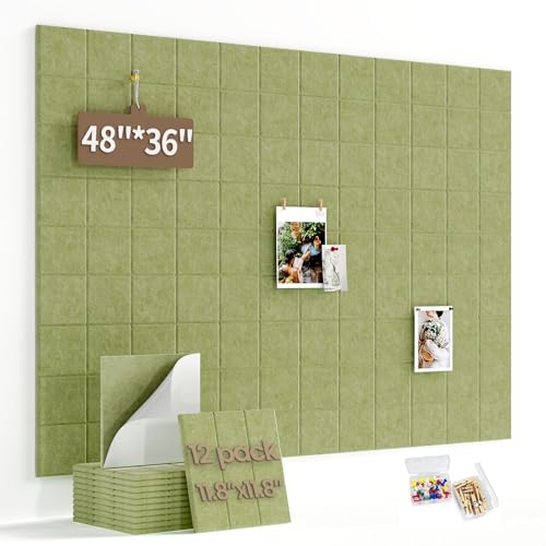 Large Felt Bulletin Board for Walls: 12-Pack Black Cork Board Alternative 11.8x11.8 Inch Peel and Stick Pin Board Wall Decor for Home Organization, Office Memo Board, Self-Adhesive Wall Tiles - color: Olive Green, size: 12 Pack