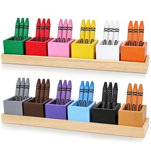 Montessori Wooden Crayon Holder (2 Pack) - 12 Removable Cups for Color Sorting & Organizing - Premium Beech Wood Pencil Organizer for Kids, Classroom Storage Caddy for Pencils & Markers