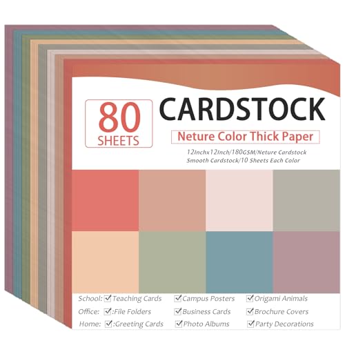 80 Sheets Cardstock Paper 12 x 12 Inches Thick Paper Card stock Colored Cardstock Papers 180gsm Solid Core Printer Papers for DIY Arts Crafts Card Making School Office Home Supplies (Neture) - color: Neture, size: 12x12in