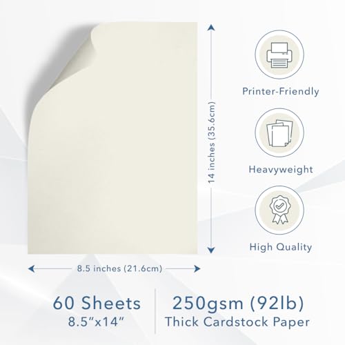 MOS Off-White Legal Cardstock Paper 8.5 x 14 Inch (60 Sheets) — Heavyweight 250 GSM Cover Stock for Certificates, Menus, Legal Documents, Crafts, Printer Compatible - color: Off White, size: 8.5" x 14"