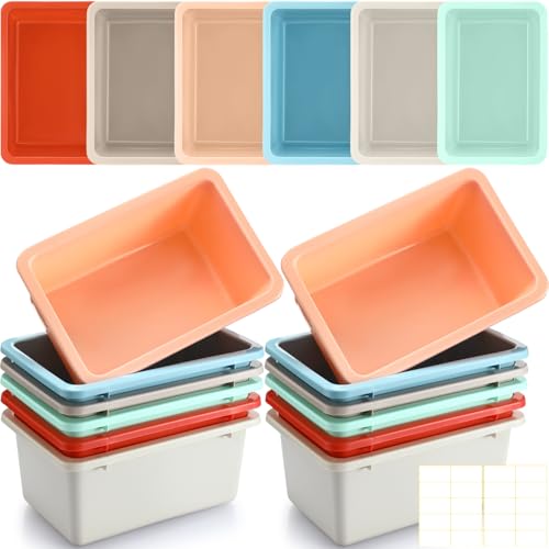 Thyle 12 Pieces Plastic Cubby Bins with Labels 11.6 x 7.7 x 5 Inch Classroom Book Bins Stacking Storage Container Organizer Storage Cubbies for Classroom Office (Retro Color) - color: Retro Color