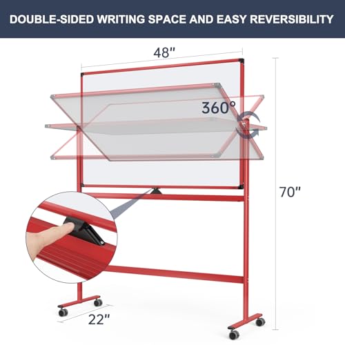 Rolling Whiteboard, 48x32 Inches Dry Erase Board with Stand, Magnetic Mobile Whiteboard on Wheels, Standing White Board for Office, School, Home, Large Double Sided White Board with Paper Pad - color: Red, size: 48"x32"