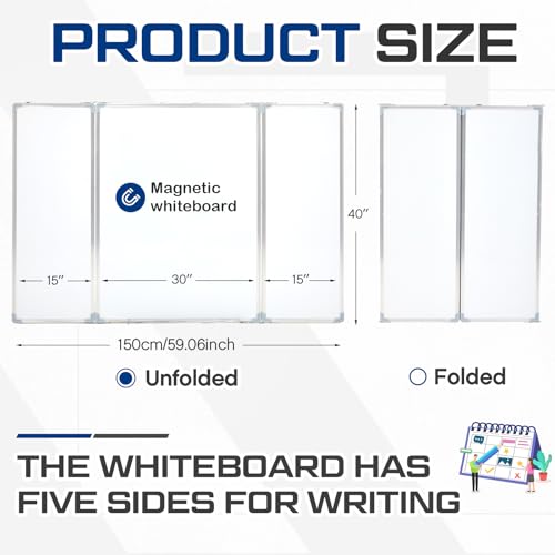 AmazingSpark 60” x 40” Foldable Whiteboard Dry Erase Board Large Tri Folding Whiteboard Magnetic Dry Erase Board, Wall Aluminium Frame and Flip Out Pen Tray for Office, Home - size: 60"W x 40"H