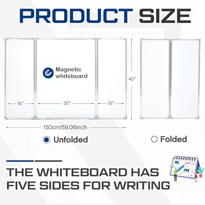 AmazingSpark 60” x 40” Foldable Whiteboard Dry Erase Board Large Tri Folding Whiteboard Magnetic Dry Erase Board, Wall Aluminium Frame and Flip Out Pen Tray for Office, Home - size: 60"W x 40"H
