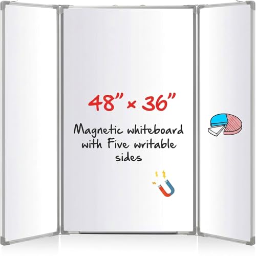 AmazingSpark 48” x 36” Foldable Whiteboard Dry Erase Board Large Tri Folding Whiteboard Magnetic Dry Erase Board, Wall Aluminium Frame and Pen Tray for Office, Home - size: 48”W x 36”H