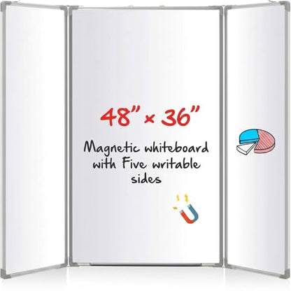 AmazingSpark 48” x 36” Foldable Whiteboard Dry Erase Board Large Tri Folding Whiteboard Magnetic Dry Erase Board, Wall Aluminium Frame and Pen Tray for Office, Home - size: 48”W x 36”H
