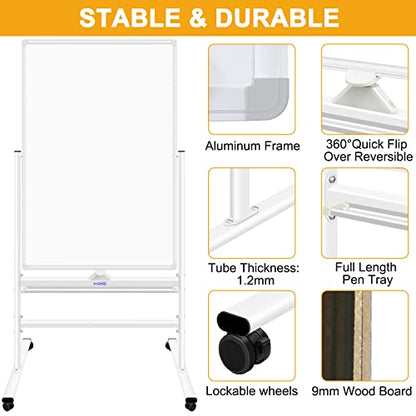 H-Qprobd Magnetic Whiteboard Mobile Dry Erase Board with Stand 40"x28" Double Side Rolling Whiteboards on Wheels for Home, Office & School - size: 40x28