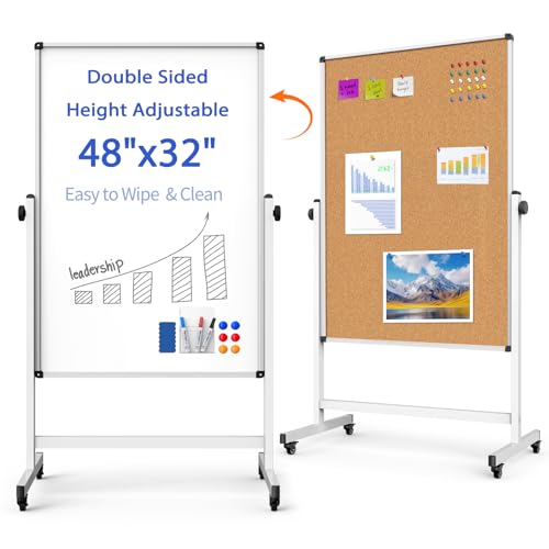 Double-Sided Whiteboard and Corkboard on Wheels, 48 x 32 Inch Magnetic Dry Erase Board with Adjustable Height Stand, Rolling Mobile Board for Office, Classroom, Presentation & Planning (Cork & White) - color: Cork & White, size: 32"W x 48"H