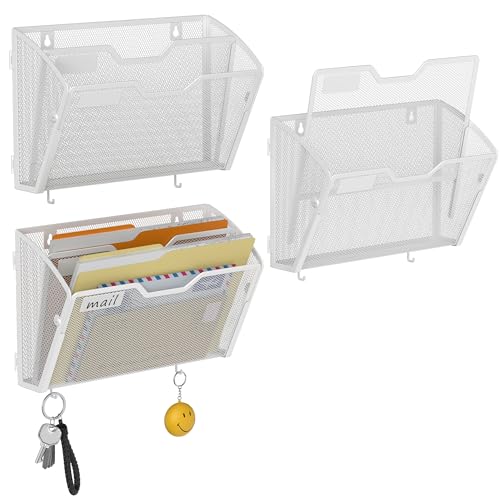 Docnest 2 Tier Mesh Wall File Holders with Hooks – 3 Pack Hanging Letter Holder - Document Organizer for Mail, Paper, Office, Home, School – Space-Saving Wall Mounted Folder Holder – White - color: 2 Tier-White-3 Pack