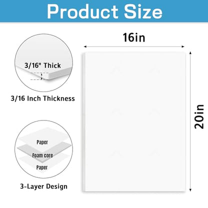 Foam Board 16x20 Inch, 3/16 Inch Thick, 12 Pack, White Foam Core Board, Strong & Rigid, Double-Sided Large Poster Board for Crafts, School Projects, Painting, Presentation & Display - size: 16*20in