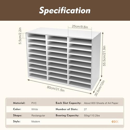 Literature Organizer, 27 Slots Wooden Mailbox for Classroom, Countertop Literature Sorter with Adjustable Shelves, Office Mailbox Cubbies, White Student Mailboxes for Home Office School