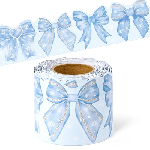 BeYumi Blue Bows Border Trim - 65ft Back to School Watercolor Blue Bow Coquette Rolled Border Trim Pastel Watercolor Bulletin Board Classroom Office Chalkboard Kindergarten Elementary Home Party Decor - style: Snowflake Blue Bows