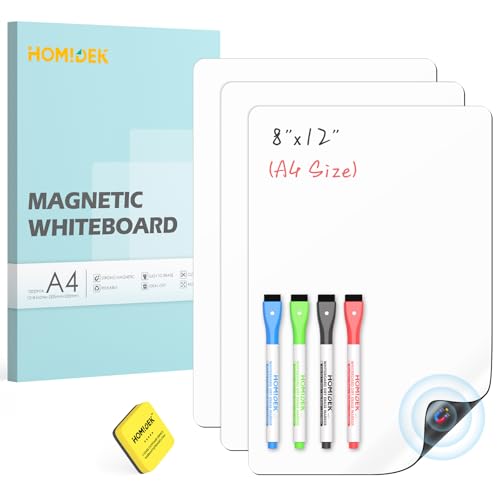 HOMiDEK Magnetic Whiteboard for Fridge, 3 Pack Small Magnetic Dry Erase Boards with 4 Markers & 1 Eraser, Reusable Blank Magnet White Board Sheets for Home, Kitchen, Office, Classroom - 8 x 12 - color: White, size: A4 (8x12)