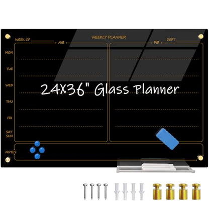 "Magnetic Planner Black Glass Board 24"X36" Weekly Glass Calendar Glassboard Premium Tempered Dry Erase Board Frameless Wall Mounted (Black)" - size: 36"W x 24"H
