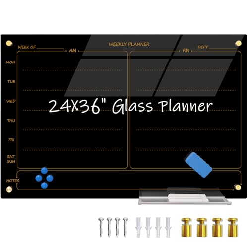 "Magnetic Planner Black Glass Board 24"X36" Weekly Glass Calendar Glassboard Premium Tempered Dry Erase Board Frameless Wall Mounted (Black)" - size: 36"W x 24"H