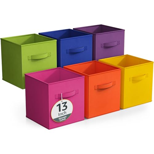 Sorbus 13 Inch Fabric Storage Cubes - Sturdy Collapsible Bins With Handle - 6 Foldable Baskets for Organizing Clothes, Toys, Books - Multi Colored Storage Baskets for Shelves, Kids Room, Closets - color: Bright Rainbow, size: 13 Inch