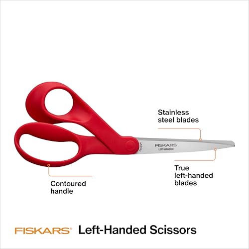 Fiskars Left-Handed Scissors, Precision Cutting for Craft Fabric Paper, Ergonomic Comfort Grip, Stainless Steel, 8", Red - style: Left-Handed