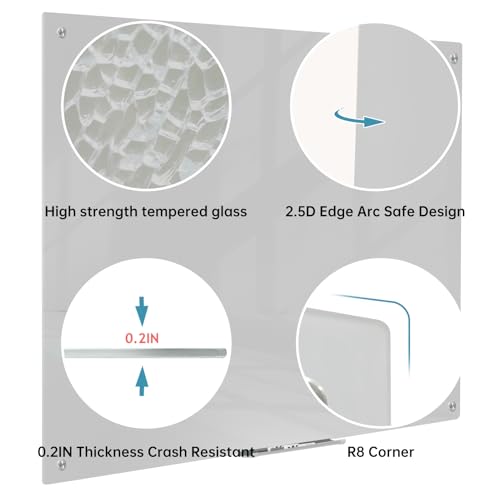Magnetic Glass Dry Erase Board - White Board 48 x 36 Inch Wall Mounted Glass Whiteboard, Large Frameless Glass White Board for Wall Office, Home & School, Gray - color: Gray, size: 48"W x 36"H