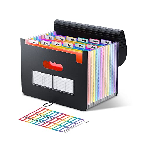 ThinkTex Accordion File Organizer, 12 - Pocket Expanding File Folders for Paper Receipts, Bills & Taxes Organizer, Letter/A4 Size Document Holder for School, Office, Home with Colorful tabs- Black - color: Black