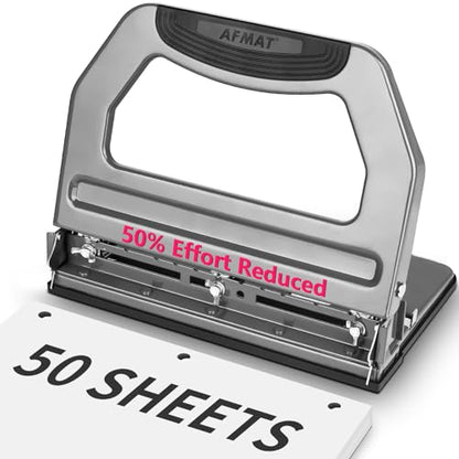 AFMAT 3 Hole Punch Heavy Duty, 9/32" Holes, 50-Sheet Hole Puncher 3 Ring, 50% Reduced Effort, Adjustable Two & Three Hole Punch, Metal Paper Puncher w/Large Chip Tray, Metal Paper Guide, Gray, HP18 - color: Gray