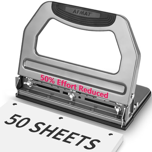 AFMAT 3 Hole Punch Heavy Duty, 9/32" Holes, 50-Sheet Hole Puncher 3 Ring, 50% Reduced Effort, Adjustable Two & Three Hole Punch, Metal Paper Puncher w/Large Chip Tray, Metal Paper Guide, Gray, HP18 - color: Gray