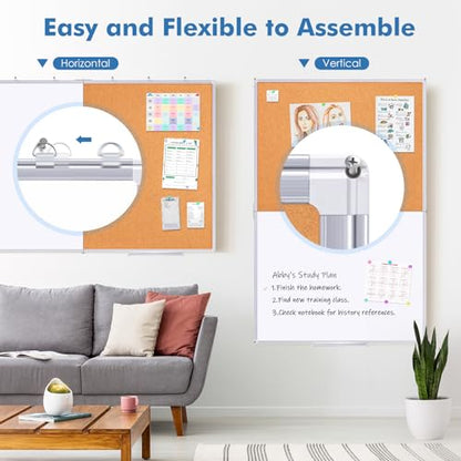 Magnetic White & Cork Board Combo 48" x 36" Aluminum Frame | Dry erase bulletin board, wall mounted or hanging. Dual-function surface for writing & pinning. Ideal for home, office, shool - size: 48 x 36 inch